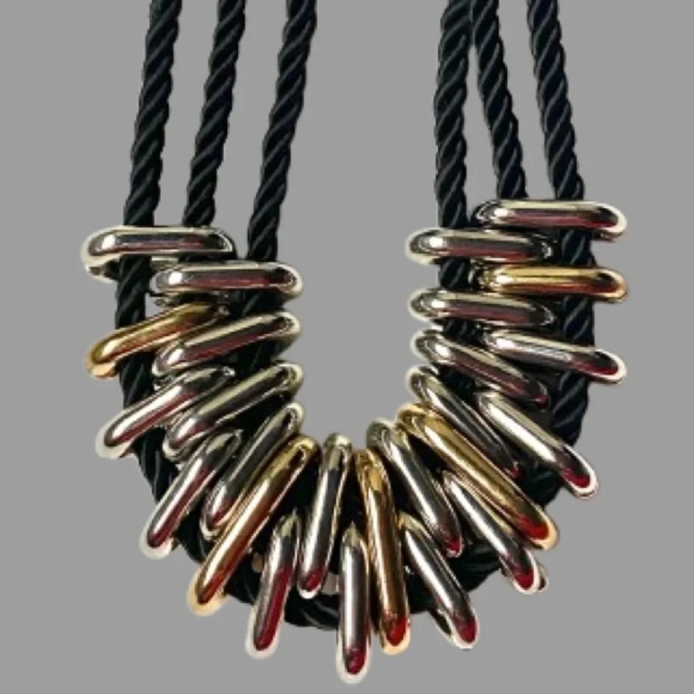 Statement Chunky Multi-Rope Strand Choker Necklace Silver and Gold Metal Rings